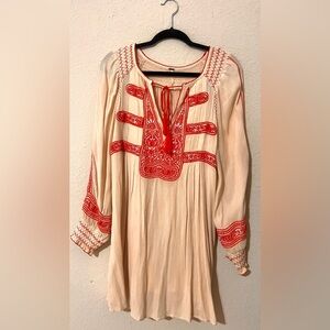 Free People Cream and Red Embroidered Tunic